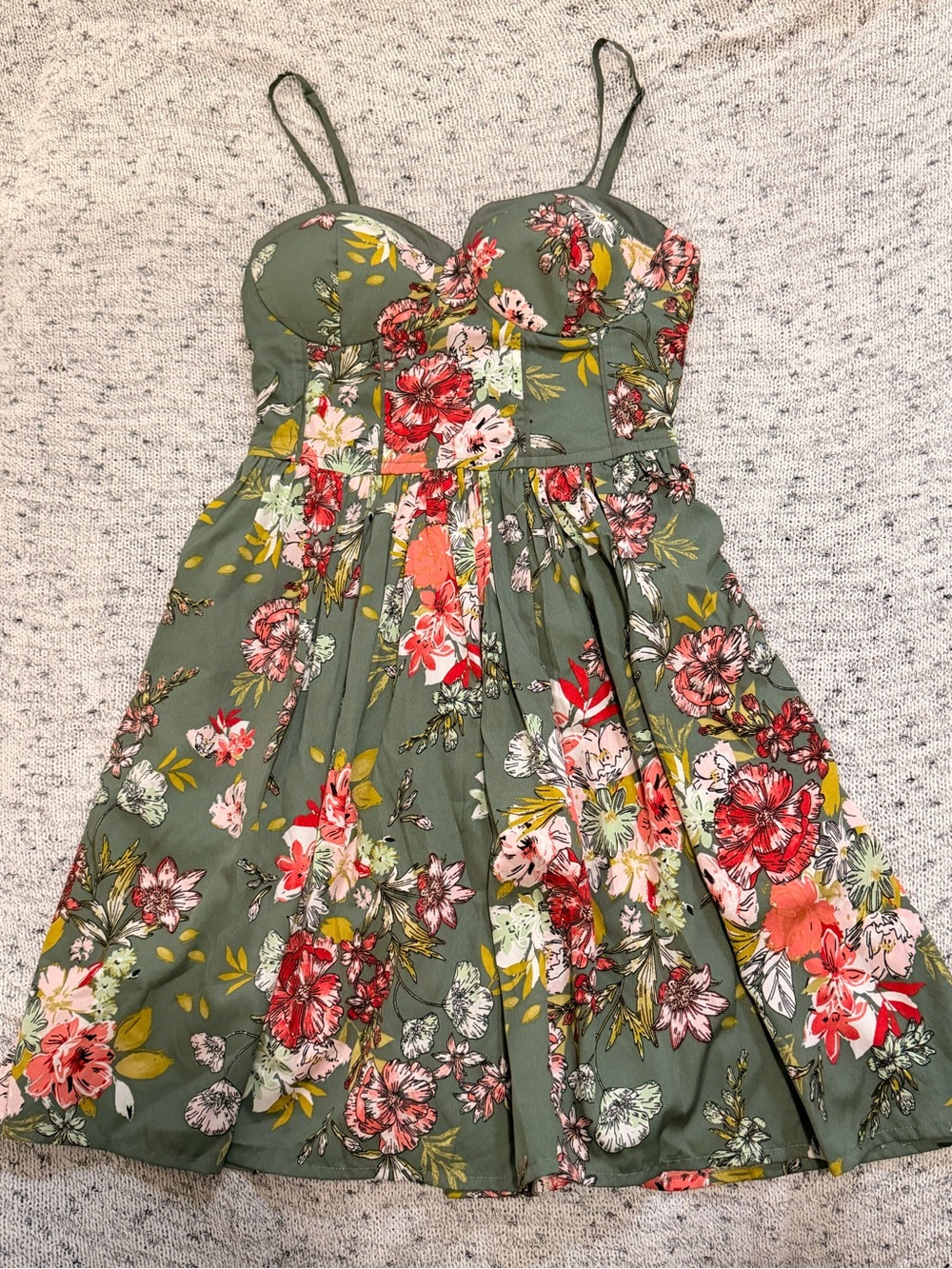 Green Floral Sundress with Spaghetti Straps